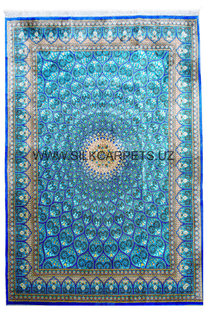 Ceiling of the Tillakari Turquoise Blue Silk Carpet