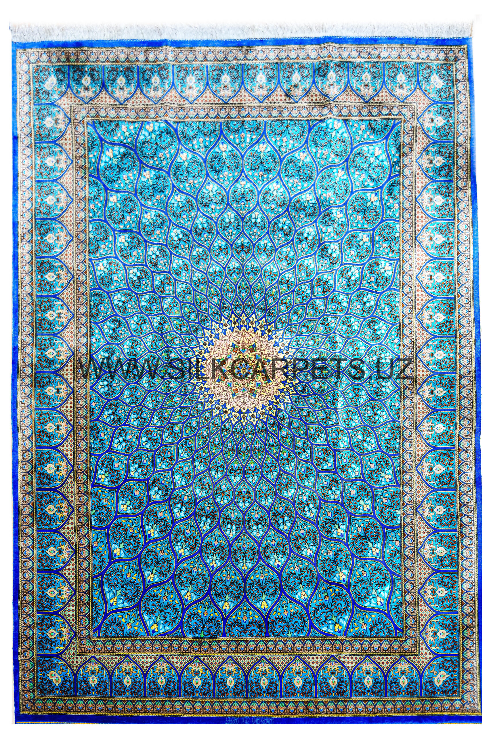 Ceiling of the Tillakari Turquoise Blue Silk Carpet